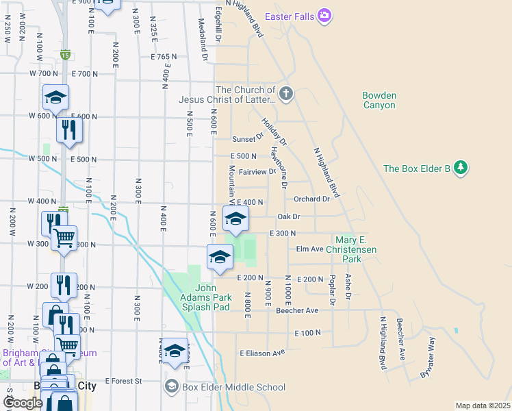 map of restaurants, bars, coffee shops, grocery stores, and more near 812 E 400 N in Brigham City