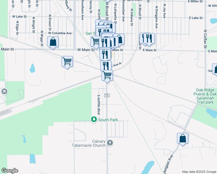 map of restaurants, bars, coffee shops, grocery stores, and more near 245 South Broad Street in Griffith