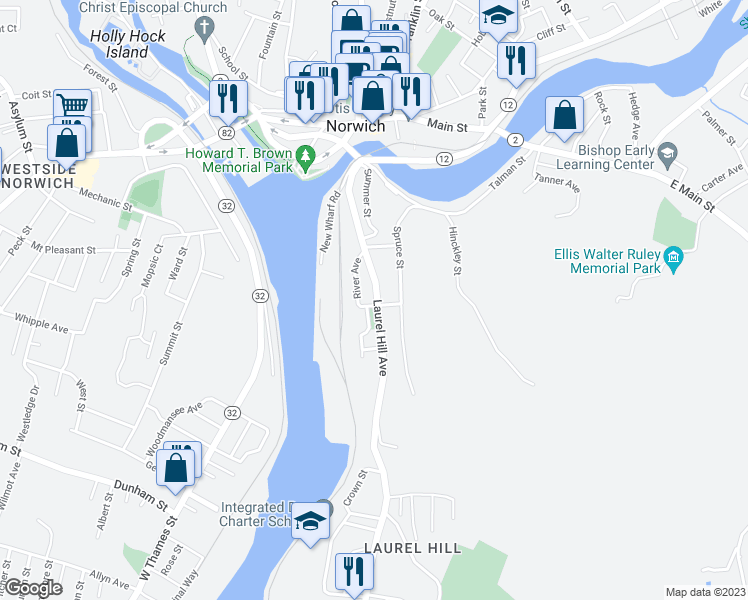 map of restaurants, bars, coffee shops, grocery stores, and more near 139 Connecticut 12 in Norwich