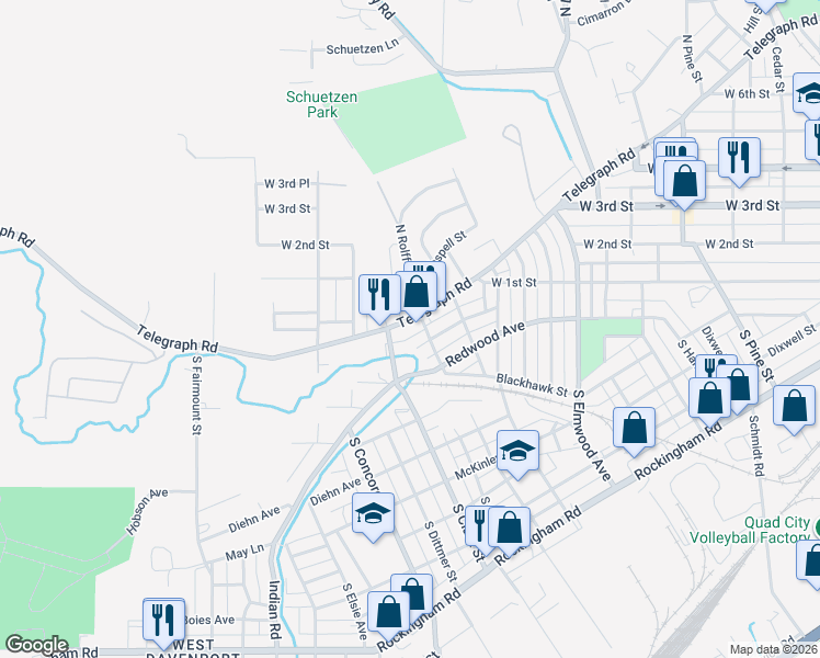 map of restaurants, bars, coffee shops, grocery stores, and more near 2831 Telegraph Road in Davenport