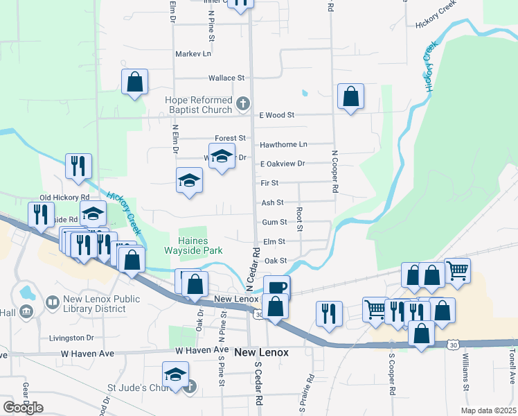 map of restaurants, bars, coffee shops, grocery stores, and more near 688 North Cedar Road in New Lenox