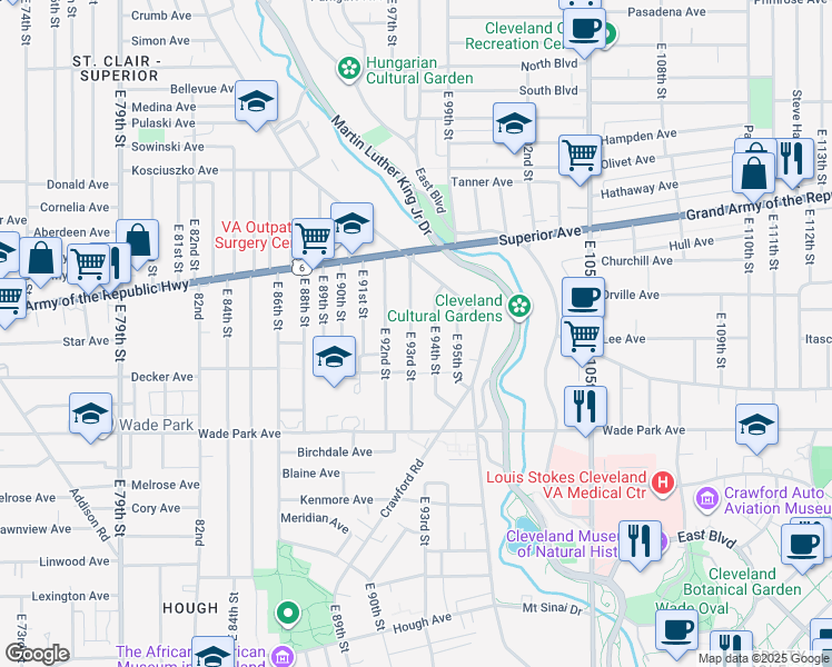 map of restaurants, bars, coffee shops, grocery stores, and more near 1390 East 93rd Street in Cleveland