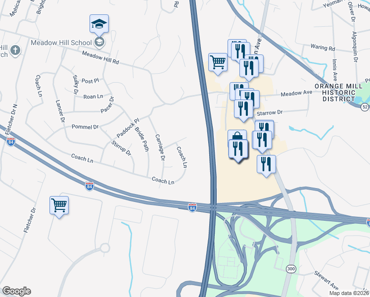 map of restaurants, bars, coffee shops, grocery stores, and more near 129 Coach Lane in Newburgh