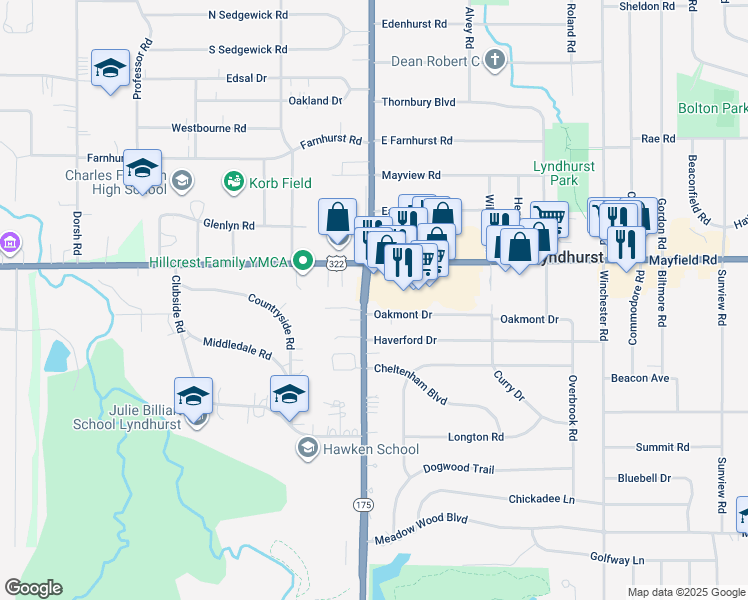 map of restaurants, bars, coffee shops, grocery stores, and more near 1511 Richmond Road in Lyndhurst