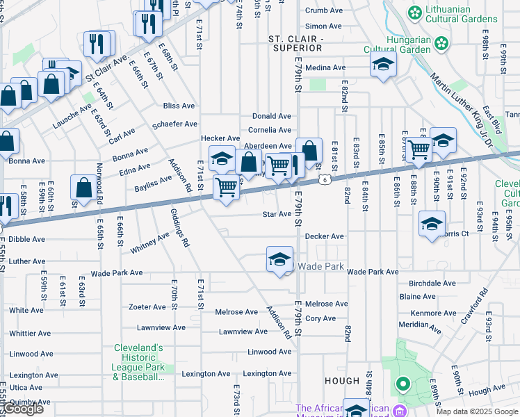 map of restaurants, bars, coffee shops, grocery stores, and more near 7609 Star Avenue in Cleveland