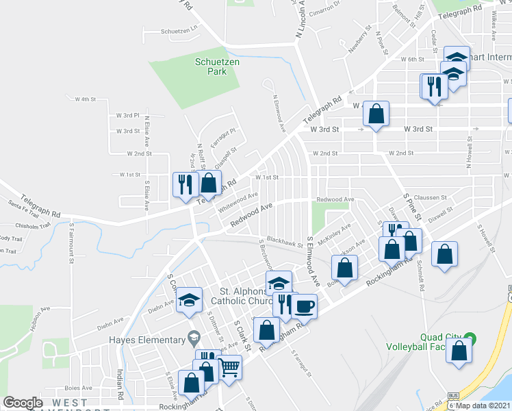 map of restaurants, bars, coffee shops, grocery stores, and more near 146 South Birchwood Avenue in Davenport