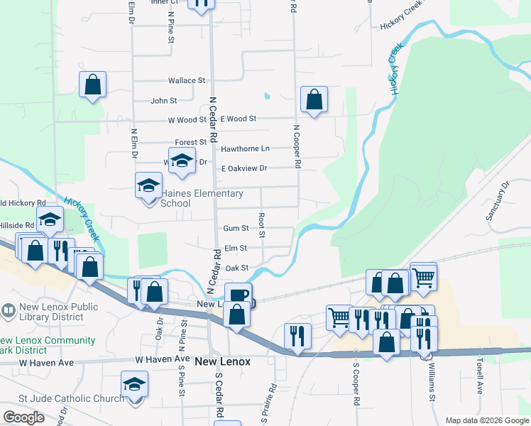 map of restaurants, bars, coffee shops, grocery stores, and more near 620 Root Street in New Lenox
