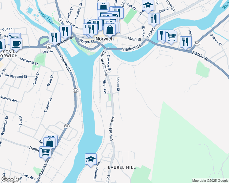 map of restaurants, bars, coffee shops, grocery stores, and more near 139 Connecticut 12 in Norwich