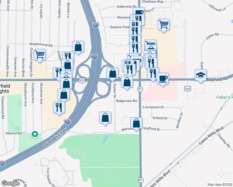 map of restaurants, bars, coffee shops, grocery stores, and more near 1538 Parker Drive in Mayfield Heights