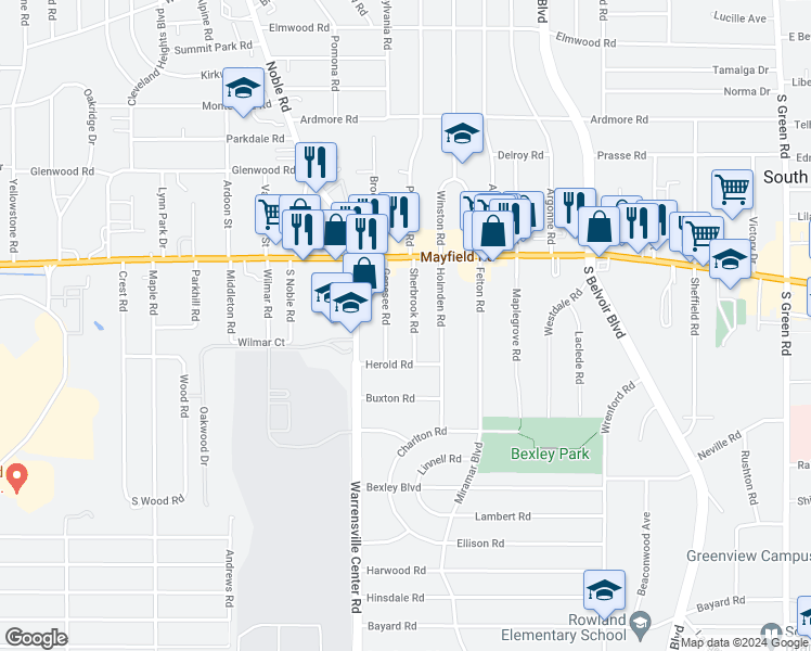 map of restaurants, bars, coffee shops, grocery stores, and more near 1517 Sherbrook Road in South Euclid