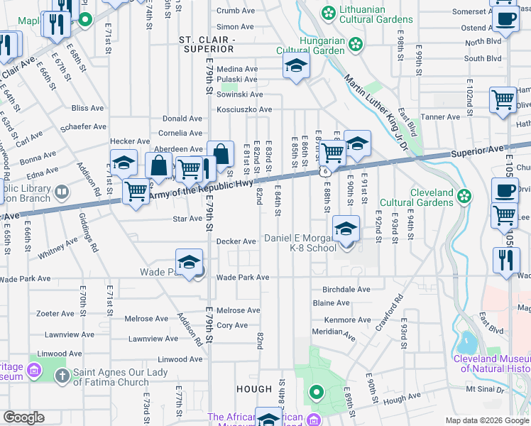 map of restaurants, bars, coffee shops, grocery stores, and more near 1357 East 82nd Street in Cleveland