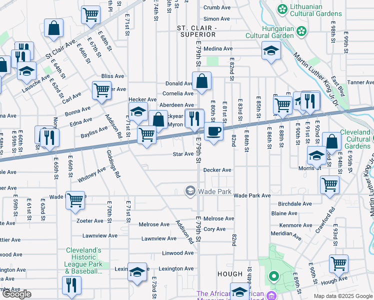 map of restaurants, bars, coffee shops, grocery stores, and more near 7705 Star Avenue in Cleveland
