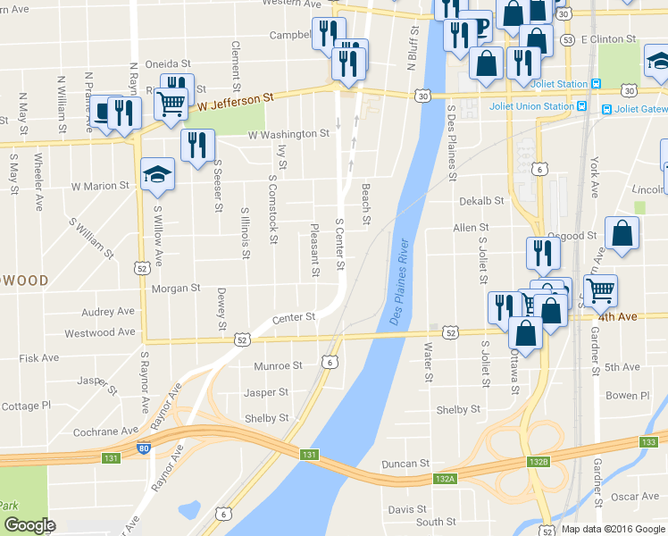 map of restaurants, bars, coffee shops, grocery stores, and more near 226 Pleasant Street in Joliet