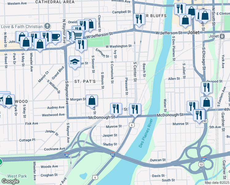 map of restaurants, bars, coffee shops, grocery stores, and more near 505 Morgan Street in Joliet