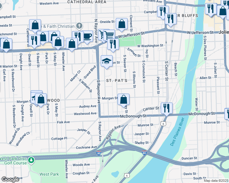 map of restaurants, bars, coffee shops, grocery stores, and more near 222 South Hunter Avenue in Joliet