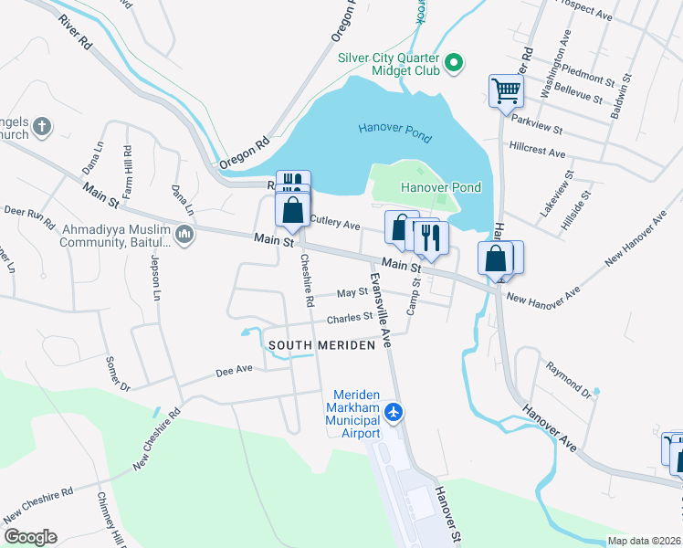 map of restaurants, bars, coffee shops, grocery stores, and more near 15 Evansville Avenue in Meriden