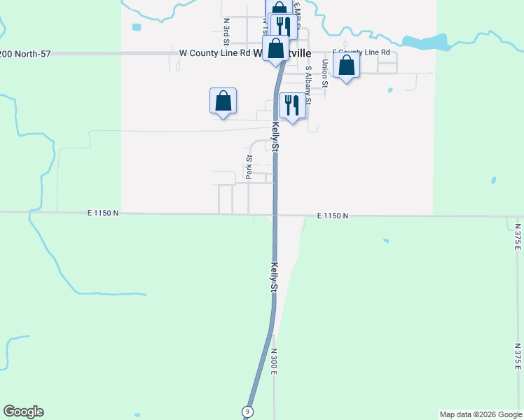 map of restaurants, bars, coffee shops, grocery stores, and more near 100 East 1150 North in Wolcottville