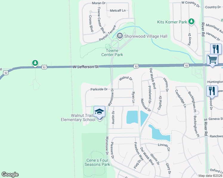 map of restaurants, bars, coffee shops, grocery stores, and more near 1950 Parkside Drive in Shorewood