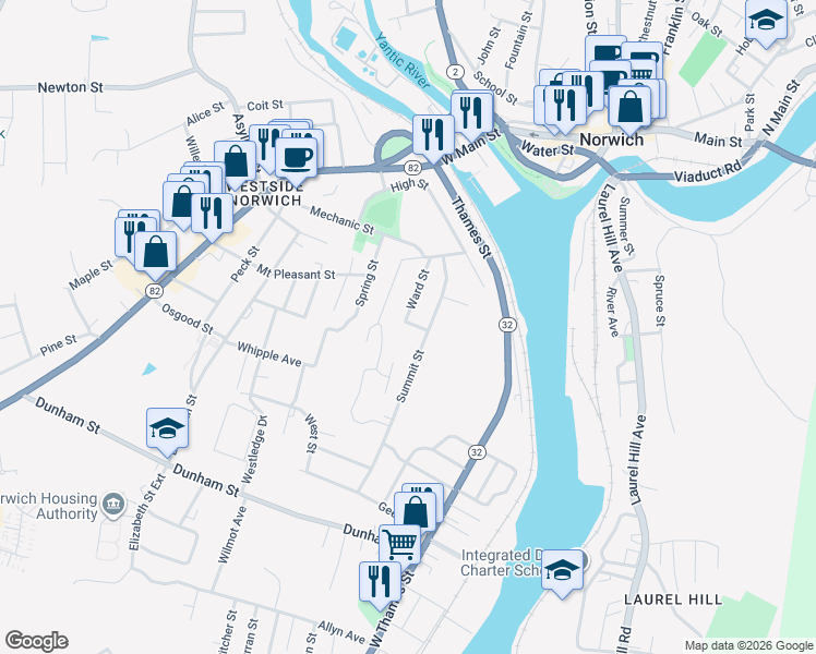 map of restaurants, bars, coffee shops, grocery stores, and more near 60 Bills Avenue in Norwich