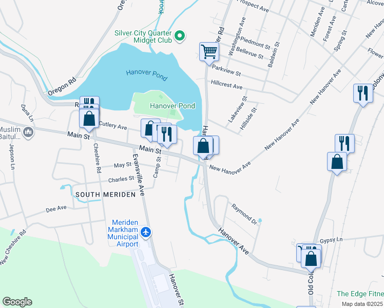 map of restaurants, bars, coffee shops, grocery stores, and more near 33 Main Street in Meriden