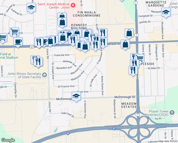 map of restaurants, bars, coffee shops, grocery stores, and more near 127 South Hammes Avenue in Joliet