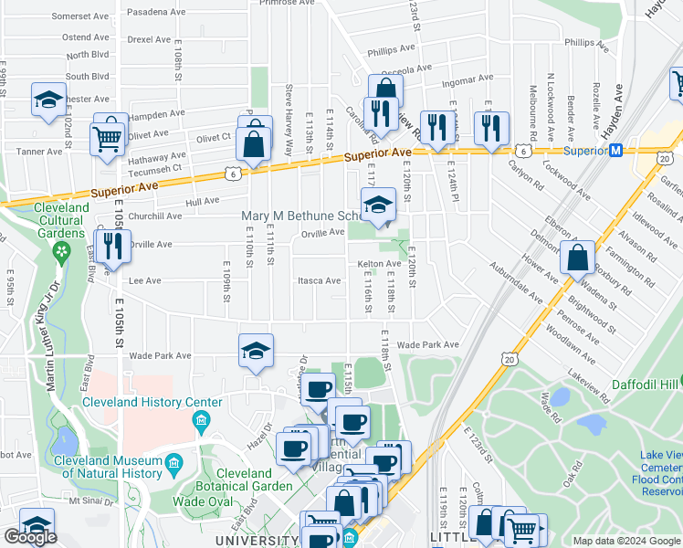 map of restaurants, bars, coffee shops, grocery stores, and more near 1446 East 115th Street in Cleveland