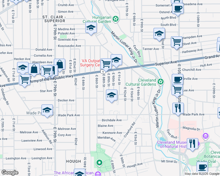map of restaurants, bars, coffee shops, grocery stores, and more near 1375 East 89th Street in Cleveland