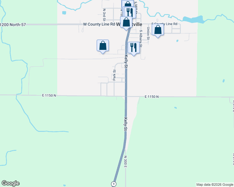 map of restaurants, bars, coffee shops, grocery stores, and more near 100 E 1150 N in Wolcottville
