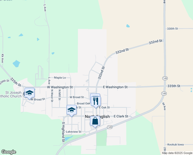 map of restaurants, bars, coffee shops, grocery stores, and more near 400-498 332nd Street in North English