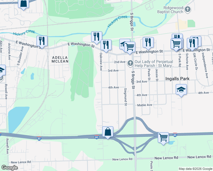 map of restaurants, bars, coffee shops, grocery stores, and more near 1408 4th Avenue in Joliet
