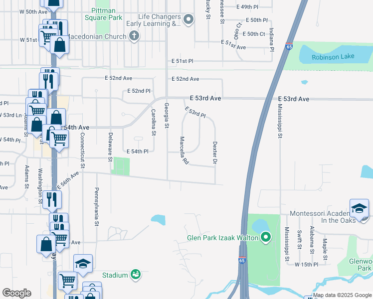 map of restaurants, bars, coffee shops, grocery stores, and more near 5461 Marcella Road in Merrillville