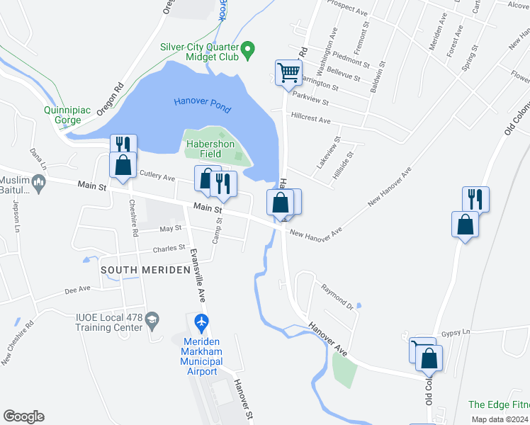 map of restaurants, bars, coffee shops, grocery stores, and more near 33 Main Street in Meriden