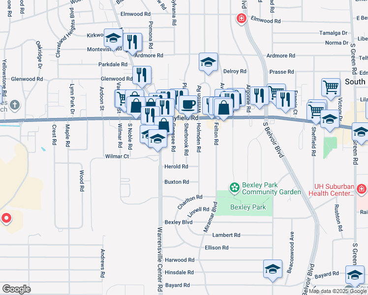map of restaurants, bars, coffee shops, grocery stores, and more near 1517 Sherbrook Road in South Euclid