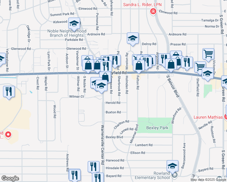 map of restaurants, bars, coffee shops, grocery stores, and more near 1520 Genesee Road in South Euclid