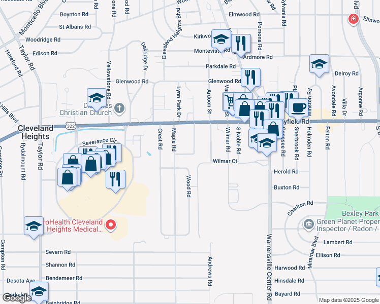 map of restaurants, bars, coffee shops, grocery stores, and more near 1521 Parkhill Road in Cleveland Heights