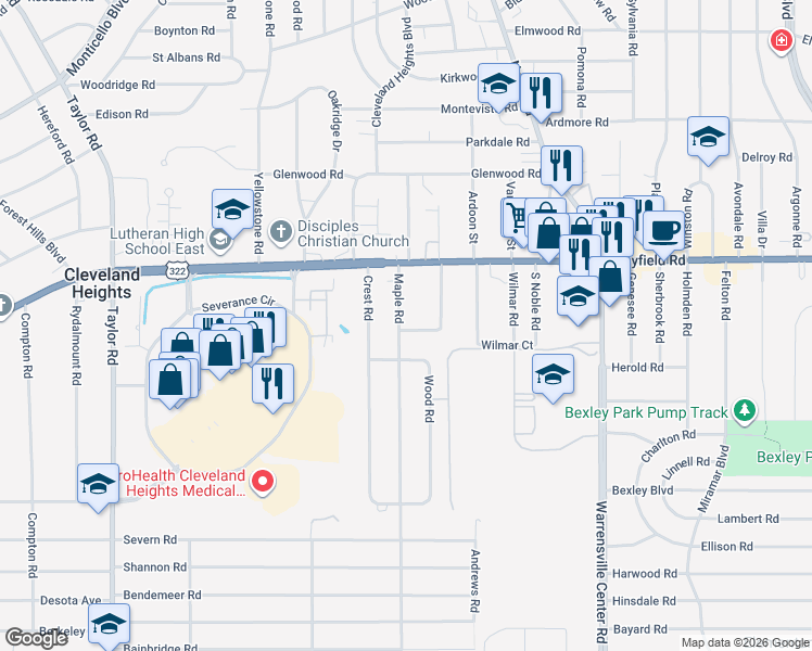 map of restaurants, bars, coffee shops, grocery stores, and more near 1519 Maple Road in Cleveland Heights