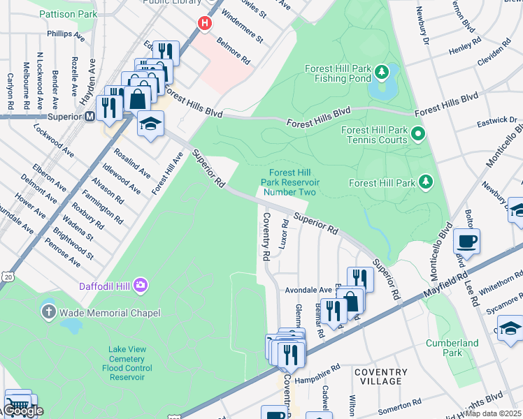 map of restaurants, bars, coffee shops, grocery stores, and more near 1502 Coventry Road in East Cleveland