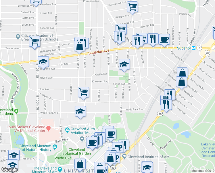 map of restaurants, bars, coffee shops, grocery stores, and more near 1447 East 115th Street in Cleveland