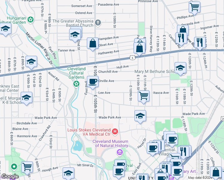 map of restaurants, bars, coffee shops, grocery stores, and more near 10628 Lee Avenue in Cleveland