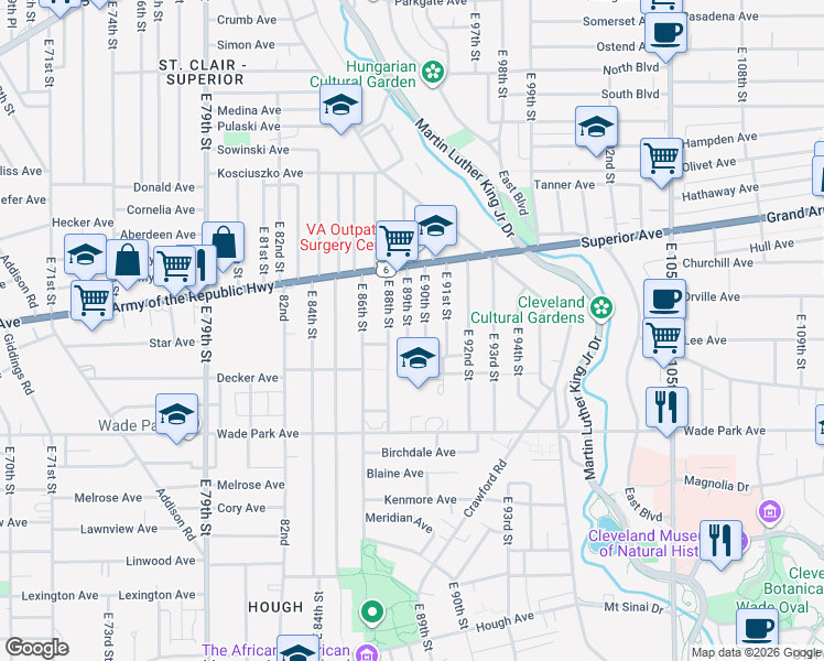 map of restaurants, bars, coffee shops, grocery stores, and more near 1375 East 89th Street in Cleveland
