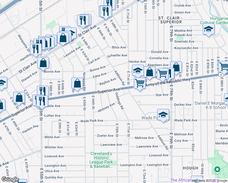 map of restaurants, bars, coffee shops, grocery stores, and more near 6914 Superior Avenue in Cleveland