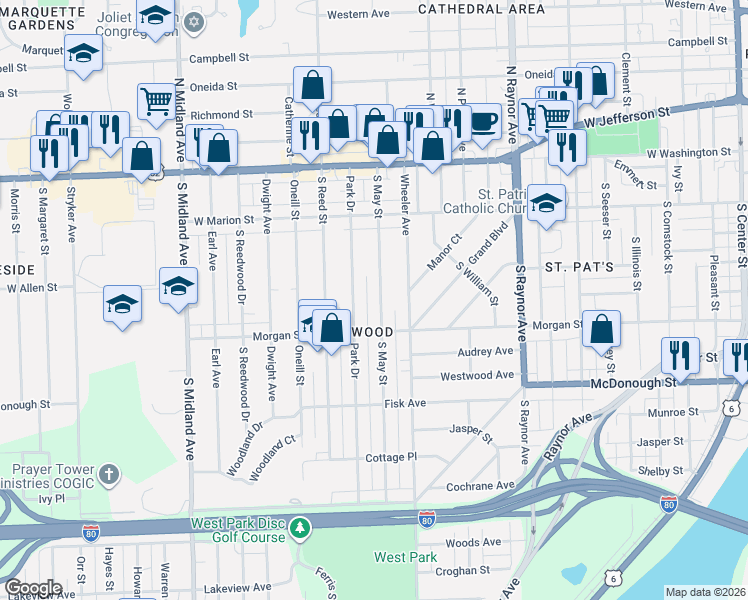 map of restaurants, bars, coffee shops, grocery stores, and more near 219 South May Street in Joliet