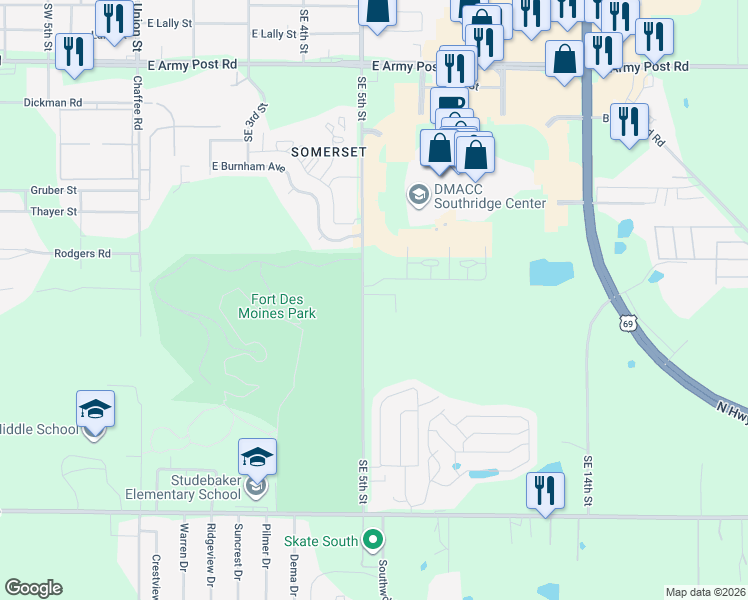 map of restaurants, bars, coffee shops, grocery stores, and more near 7205 Southeast 5th Street in Des Moines