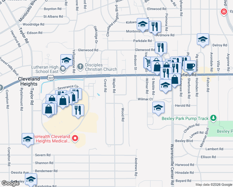 map of restaurants, bars, coffee shops, grocery stores, and more near 1519 Maple Road in Cleveland Heights