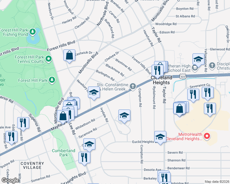map of restaurants, bars, coffee shops, grocery stores, and more near 3265 Mayfield Road in Cleveland Heights