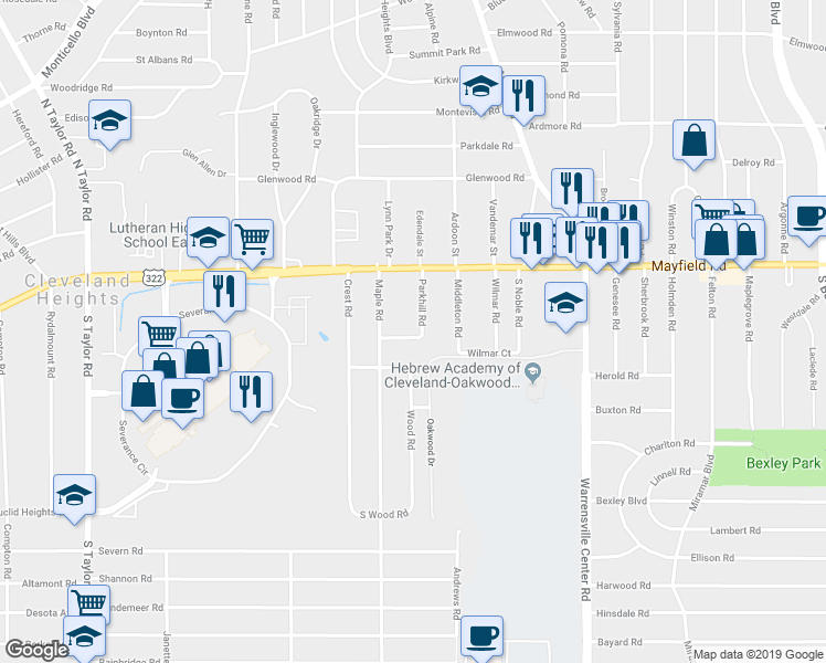 map of restaurants, bars, coffee shops, grocery stores, and more near 1508 Parkhill Road in Cleveland Heights
