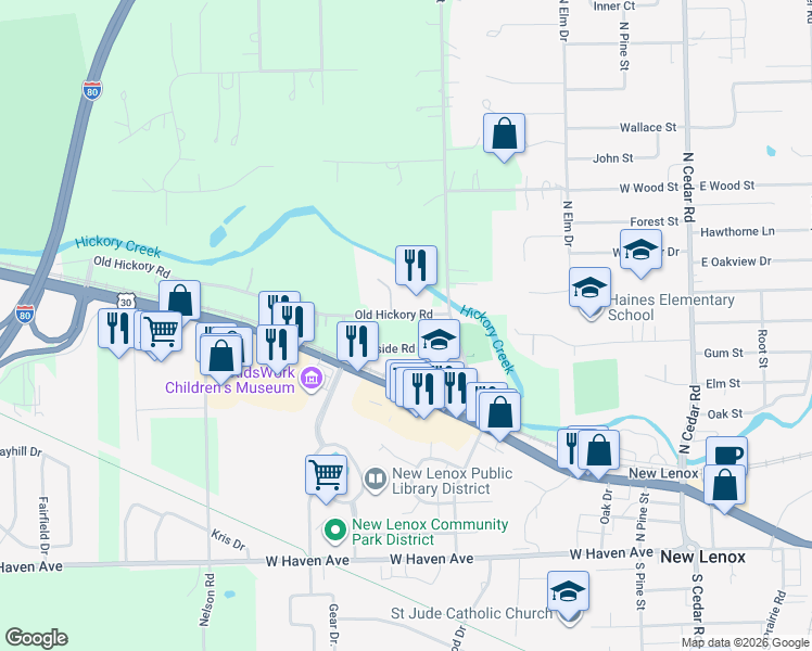 map of restaurants, bars, coffee shops, grocery stores, and more near 333 Hillside Road in New Lenox