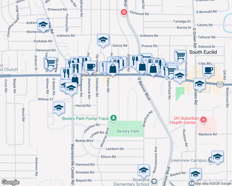 map of restaurants, bars, coffee shops, grocery stores, and more near 1519 Felton Road in South Euclid