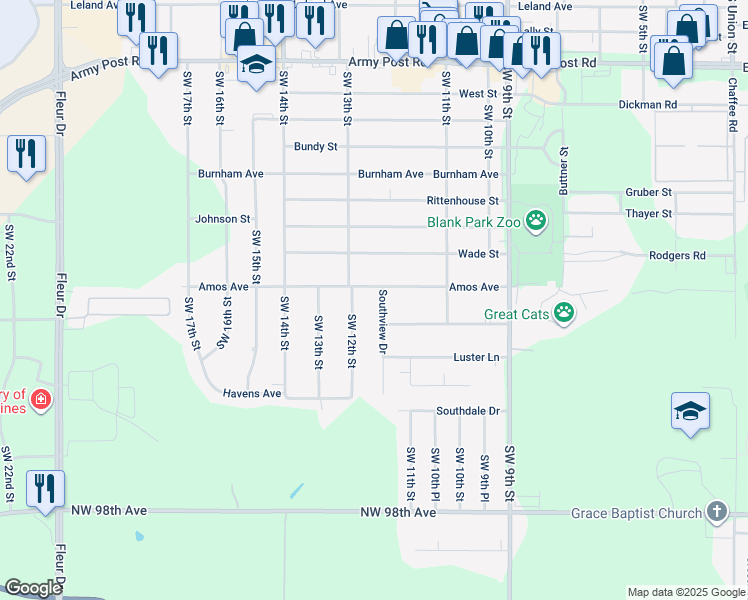 map of restaurants, bars, coffee shops, grocery stores, and more near 7260 Southview Drive in Des Moines