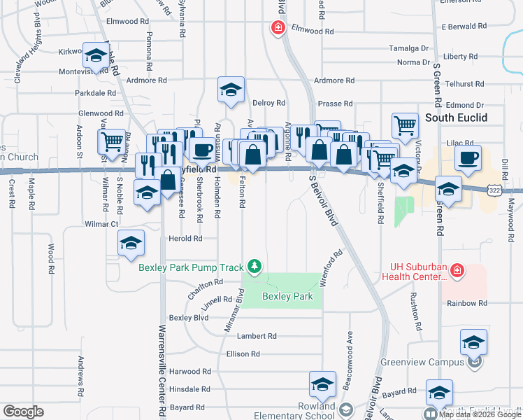 map of restaurants, bars, coffee shops, grocery stores, and more near 1519 Felton Road in South Euclid